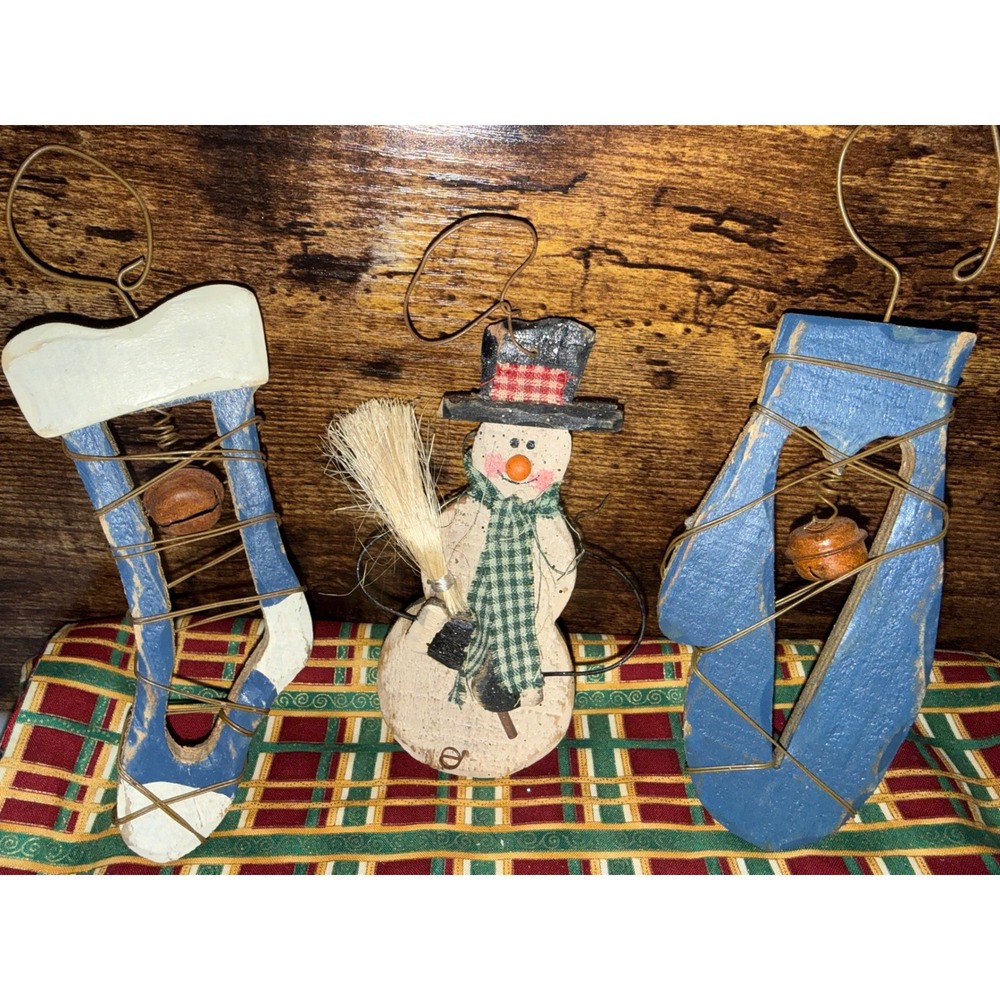 Rustic Primitive Wooden Christmas Ornaments Set Snowman Mitten Stocking 3pc